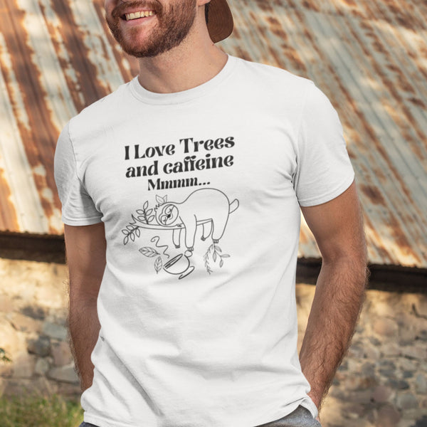 Man wearing I Love Trees and Caffeine White Unisex Cotton T-Shirt