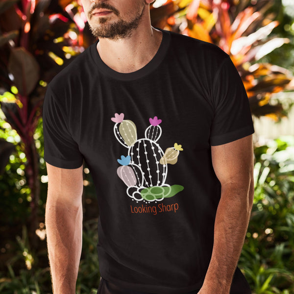 Man wearing Looking Sharp Black Unisex Cotton T-Shirt in front of the bush