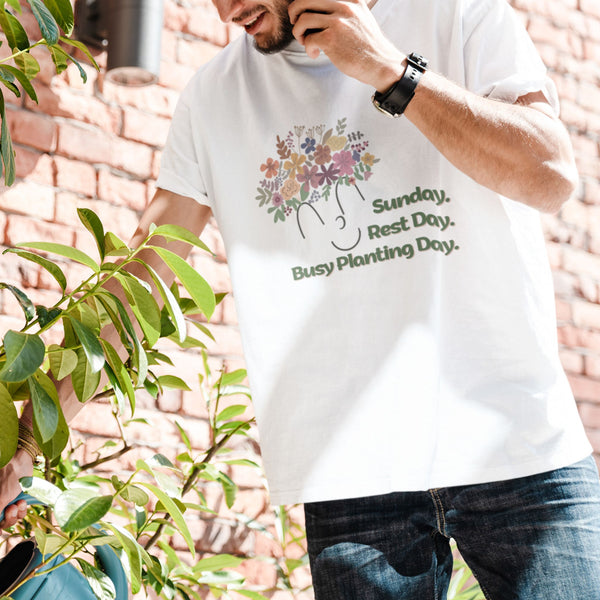 Man on the phone wearing Sunday, Rest Day, Busy Planting Day White T-Shirt