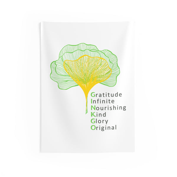 Ginkgo Leaves with Positive Words White Vertical Wall Tapestry 26"x36"