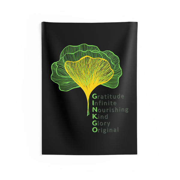 Ginkgo Leaves with Positive Words Black Vertical Wall Tapestry 26"x36"